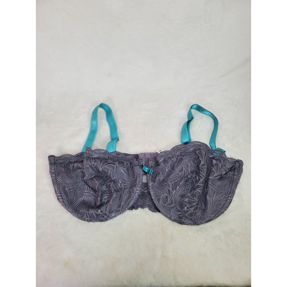 Adore Me Grey Lace Unlined Underwire Bra Teal Straps 46DD Plus Size Lingerie
